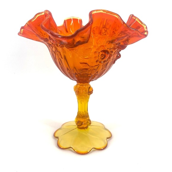 Vtg Fenton Amberina Glass Candy Dish Pedestal Footed Cabbage Rose Pattern - Picture 5 of 7